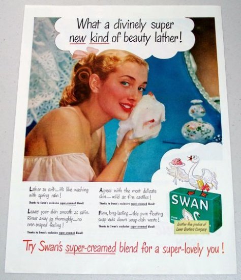1948 Swan Pure White Soap Color Print Ad - Beauty Lather