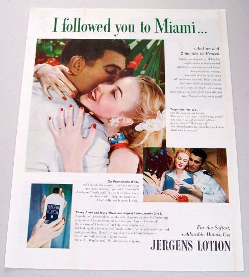 1945 Jergens Lotion Color Print Ad - I Followed You To Miami