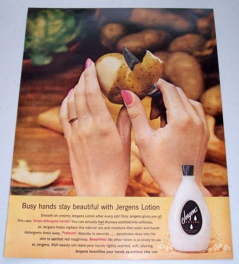 1960 Jergens Hand Lotion Color Print Ad - Busy Hands