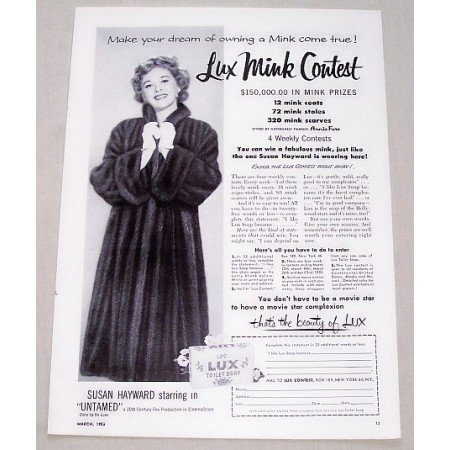 1953 Lux Soap Mink Contest Vintage Print Ad Celebrity Susan Hayward