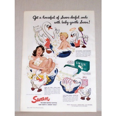 1942 Swan Floating Soap Color Art Print Ad - Swan-derful Suds