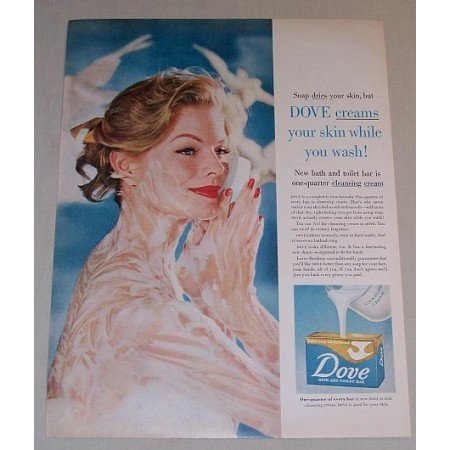 1958 Dove Bath Bar Color Print Ad - Creams Your Skin
