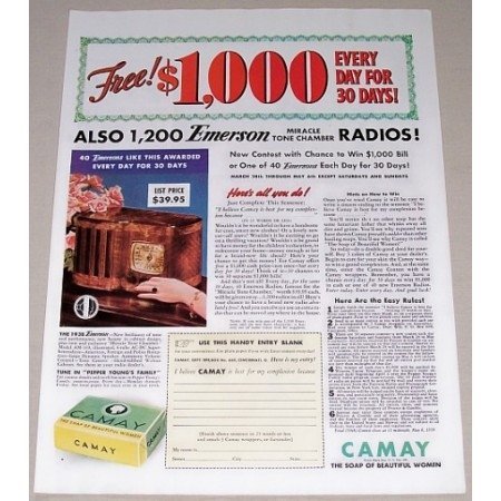 1938 Camay Soap Emerson Miracle Tone Chamber Radio Offer Color Print Ad
