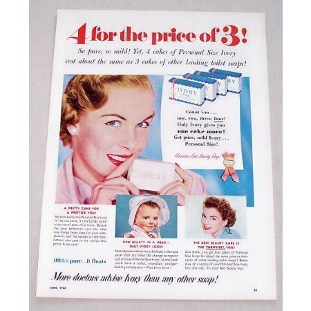1953 Ivory Soap Vintage Color Print Ad - 4 For The Price Of 3