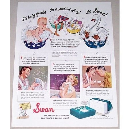 1942 Swan Floating Soap Color Print Art Ad - Its A Sudsin Whiz