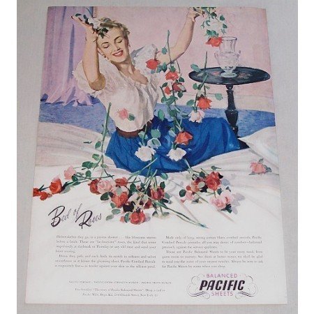 1948 Balanced Pacific Sheets Color Print Art Ad - Bed Of Roses
