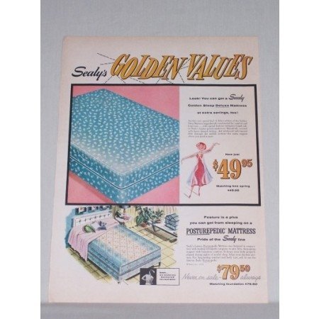 1958 Sealy's Golden Sleep Deluxe Mattress Color Print Ad