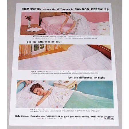 1957 Cannon Percales Bedding Sheets Color Print Ad - Combspun