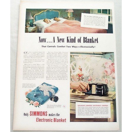 1947 Simmons Electronic Control Blanket Color Print Ad