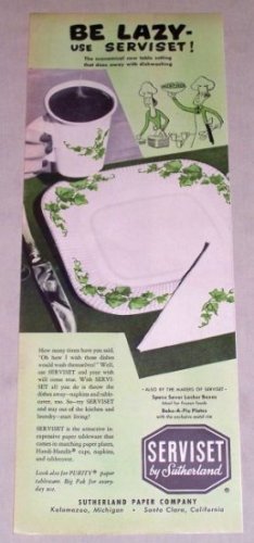 1953 Sutherland Serviset Table Setting Plates Cups Color Print Ad