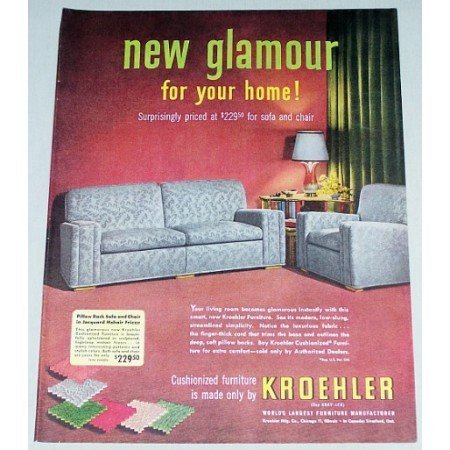 1951 Kroehler Pillow Back Sofa and Chair Color Print Ad
