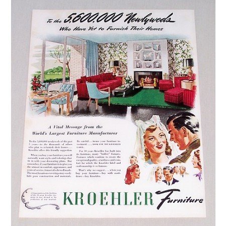 1944 Kroehler Furniture Color Print Ad - 5,600,000 Newlyweds