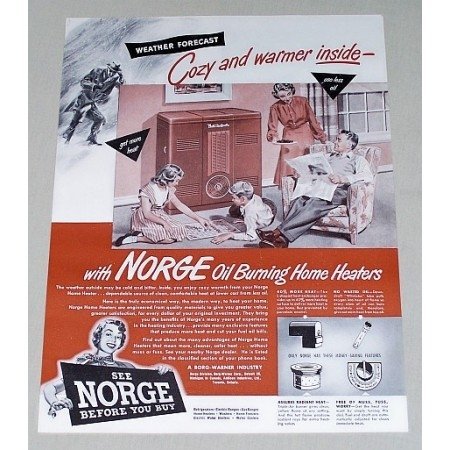 1943 Norge Oil Burning Home Heater Color Print Art Ad