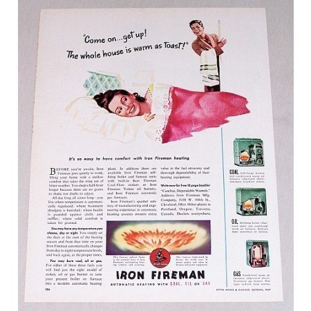 1947 Iron Fireman Automatic Heating Color Print Ad