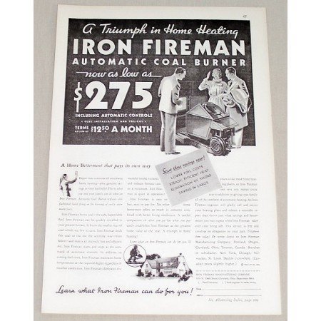 1932 Iron Fireman Automatic Heating Coal Burner Vintage Print Ad