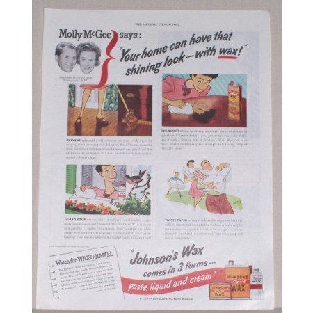 1945 Johnson's Paste Wax Color Print Ad - Molly McGee Says: