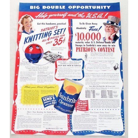 1942 Sunbrite Cleanser Knitting Set Offer Color Print Ad