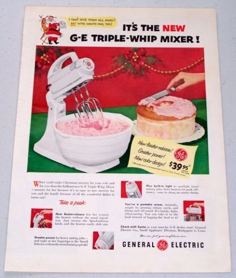 1952 GE General Electric Triple Whip Electric Mixer Vintage Small Appliance Color Print Ad
