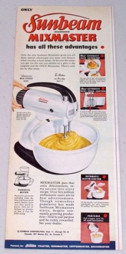 1949 Sunbeam Automatic Mixmaster Mixer Small Kitchen Appliance Color Print Ad