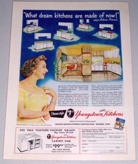 1954 Youngstown Steel Kitchens Color Print Ad Celebrity Arlene Francis
