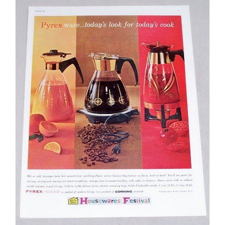1960 Pyrex Ware Coffee Juice Carafe Servers Color Print Ad