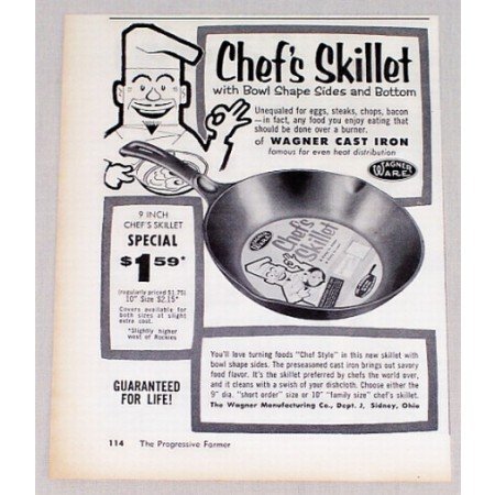 1956 Wagner Ware Cast Iron 9 Chef's Skillet Vintage Print Ad