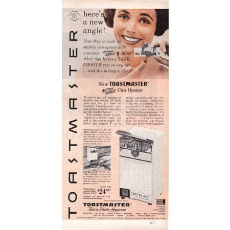 1960 Toastmaster Action Angle Can Opener Color Print Ad