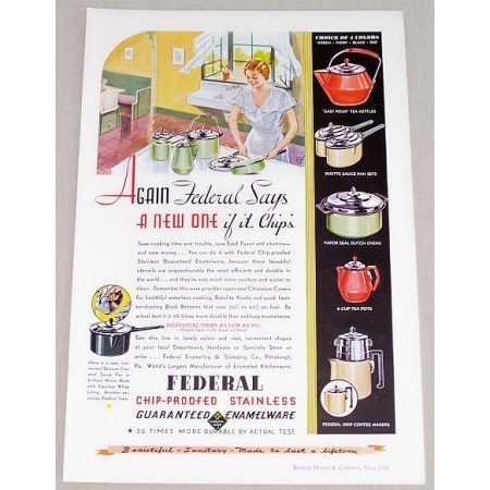 1934 Federal Chip-Proof Stainless Enamelware Color Print Ad