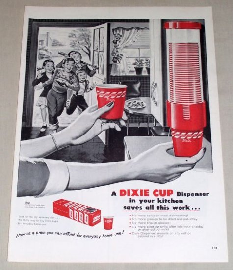1954 Dixie Cups Dispenser 50's Kitchen Art Vintage Print Ad
