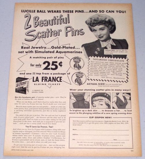1949 LaFrance Bluing Flakes Scatter Pins Offer Vintage Print Ad Celebrity Lucille Ball