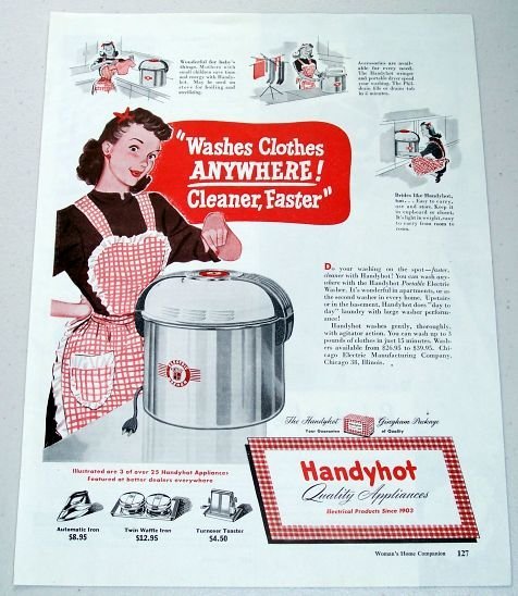 1948 Handyhot Portable Electric Washer Color Print Art Appliance Ad