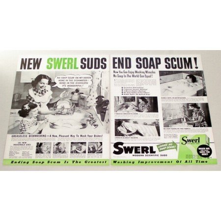 1948 Swerl Magic Suds 2 Page Vintage Print Ad - Ends Soap Scum