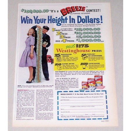 1959 Breeze Detergent Color Print Ad - Win Your Height In Dollars!