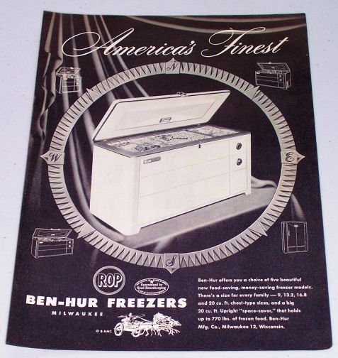 1953 ROP Ben Hur Freezer Vintage Appliance Vintage Print Ad