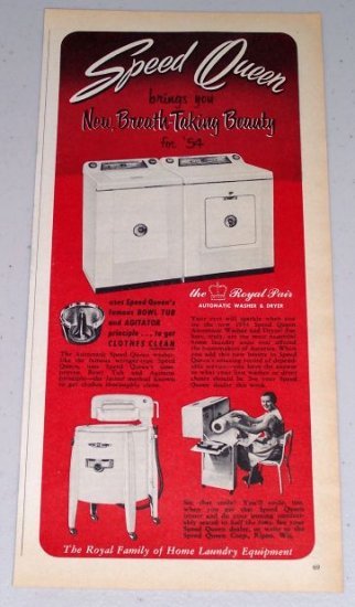 1954 Speed Queen Automatic Washer Dryer Appliance Vintage Color Print Ad
