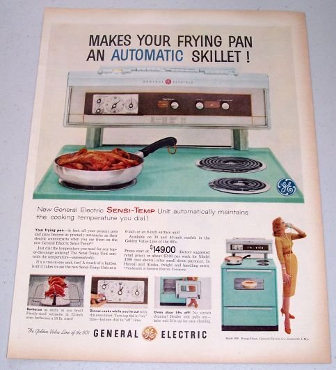 1960 GE General Electric Model J308 Sensi-Temp Cooking Range Stove Color Print Ad