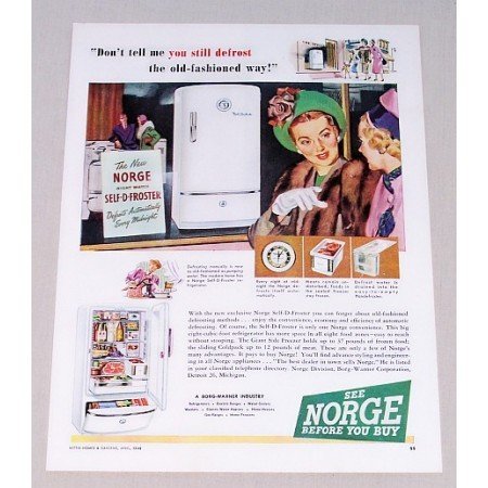 1948 Norge Self-D-Froster Refrigerator Color Print Ad