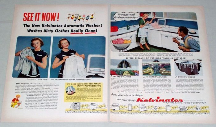 1953 Kelvinator Automatic Washer 2 Page Color Print Ad
