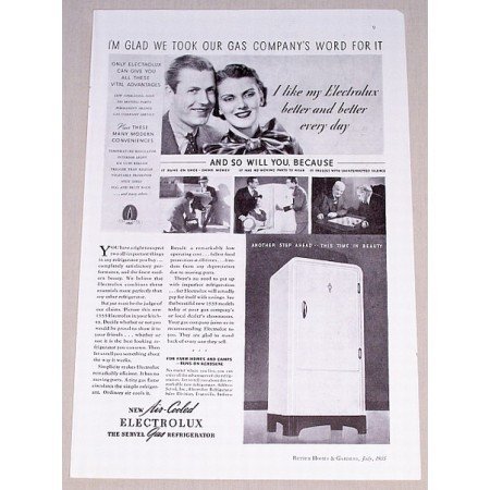 1935 Servel Electrolux Gas Refrigerator Vintage Print Ad