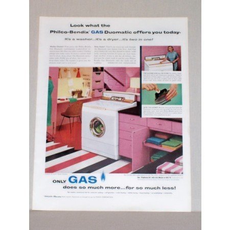 1957 Philco Bendix Gas Duomatic Washer Dryer Color Print Ad