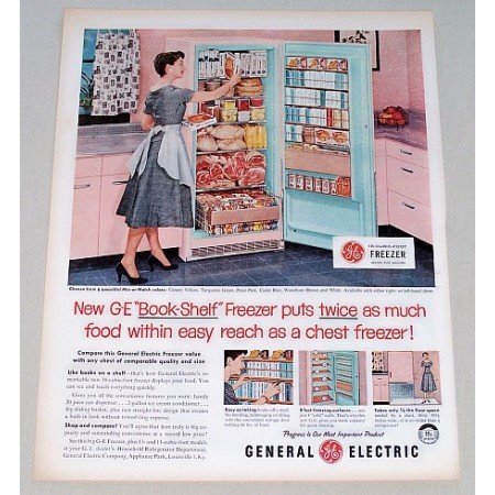 1956 General Electric Book-Shelf Freezer Color Print Ad