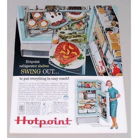 1956 Hotpoint Refrigerator Color Print Ad - Swing Out Shelves