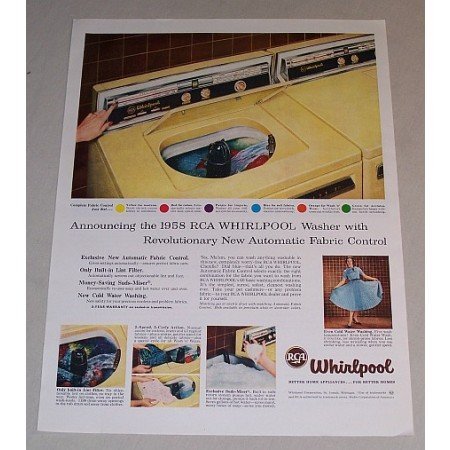 1958 RCA Whirlpool Washer Color Print Ad - Fabric Control
