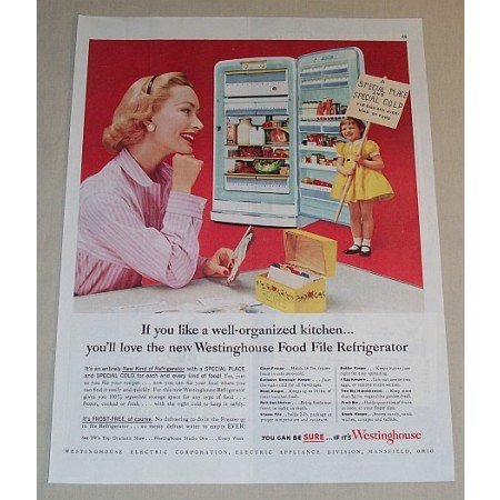 1954 Westinghouse Food File Refrigerator Color Print Ad