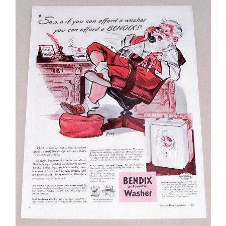 1947 Bendix Automatic Washer Santa Claus Christmas Art Color Print Ad
