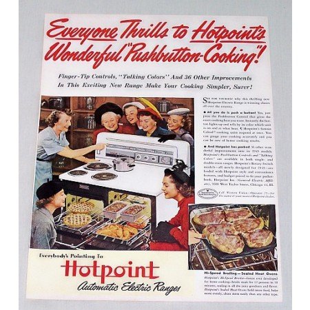 1949 Hotpoint Automatic Push Button Electric Range Color Print Ad