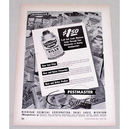 1950 Pestmaster Aerosol Insect Bomb Vintage Print Ad