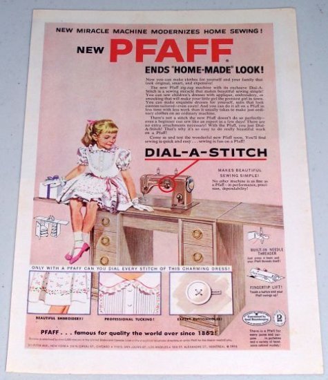 1954 PFAFF Dial-A-Stich Zig Zag Sewing Machine Color Print Art Ad