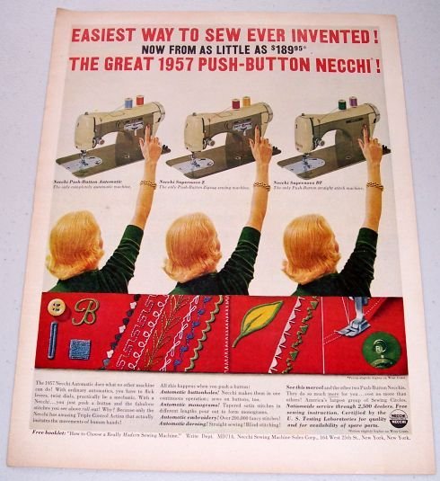 1957 Necchi Push Button Sewing Machine Color Print Ad