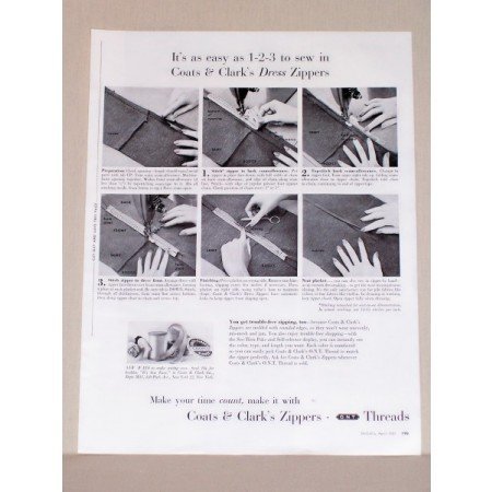 1957 Coats and Clark's Zippers Vintage Sewing Print Ad